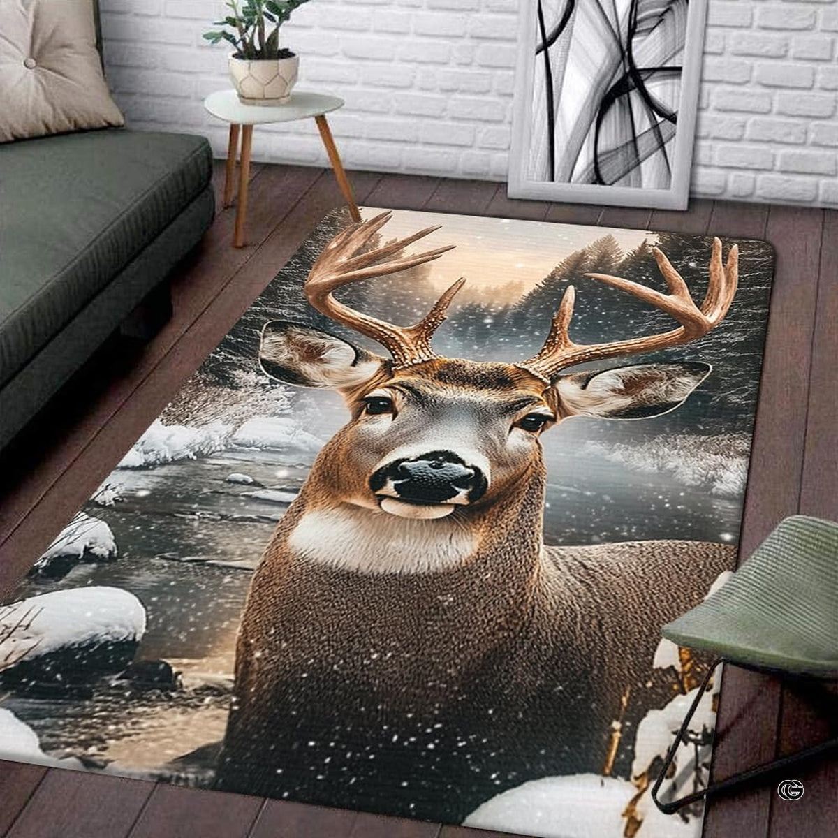 Majestic buck deer area rug placed in a rustic living room complementing a winter cabin floor plan.