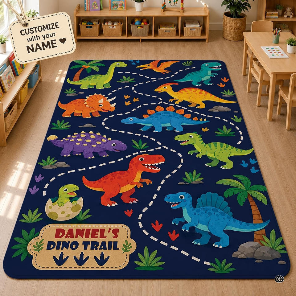 Rectangular cartoon dinosaur area rug displayed on wood flooring in a children playroom