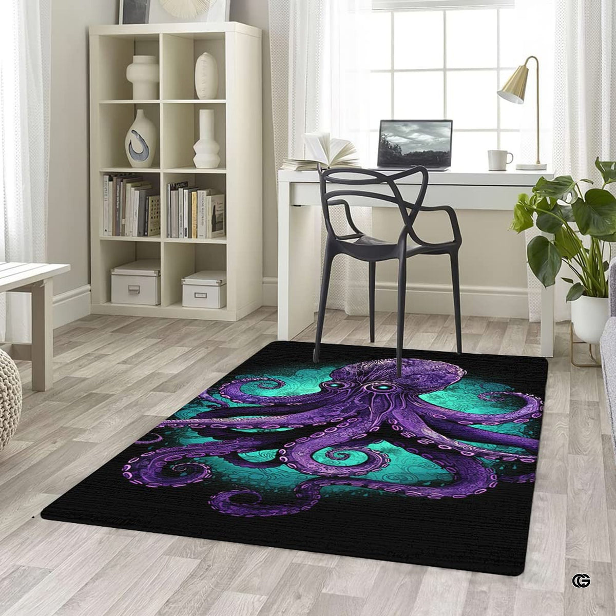 Non-slip grip backing texture and resilient construction of octopus ocean area rug.