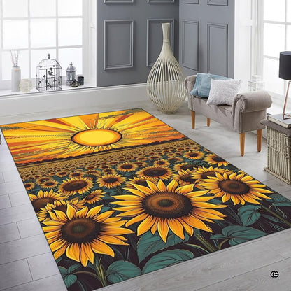 Bedroom layout showing the vibrant sunflower floral rug near wooden furnishings - thumbnail image 6 of 8