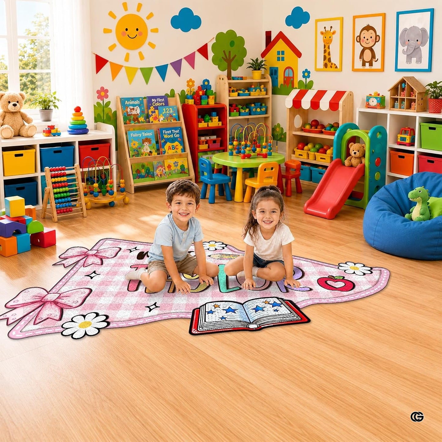 Personalized Composition Notebook Classroom Shaped Rugs for Kids (A04) | Custom Pennant Flag Carpet for Reading Corner, Non-Slip Apple Shape Rug Mat, Classroom Decor, Back To School Gift