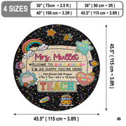 Round floor rug displaying cheerful stationery badges and bright confetti on dark backdrop. - thumbnail image 2 of 7
