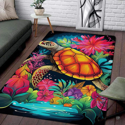 Tropical sea turtle area rug with blooming hibiscus flowers and turquoise water ripples. - thumbnail image 1 of 7