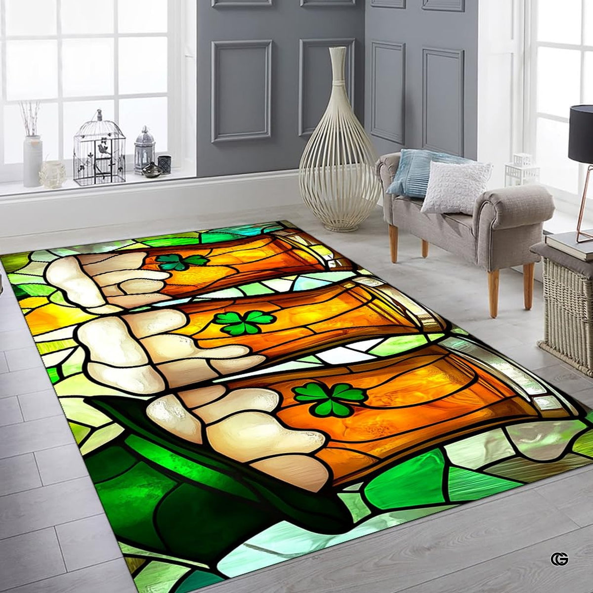 Bright contemporary sitting room interior showcasing the mosaic beer art area rug - image 6 of 9