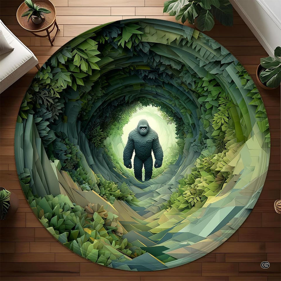 Round low poly Yeti rug in a green forest tunnel