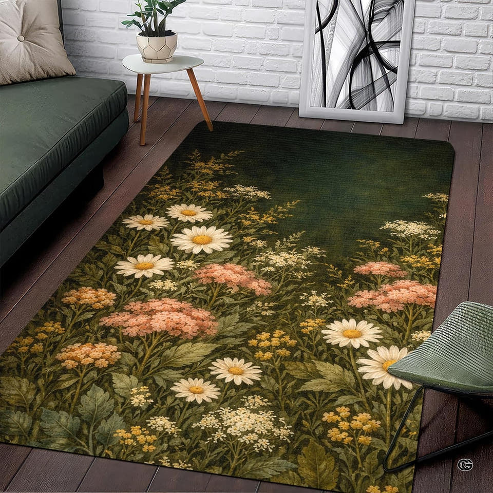 Dark botanical area rug with wildflower meadow painting displayed in modern living room.