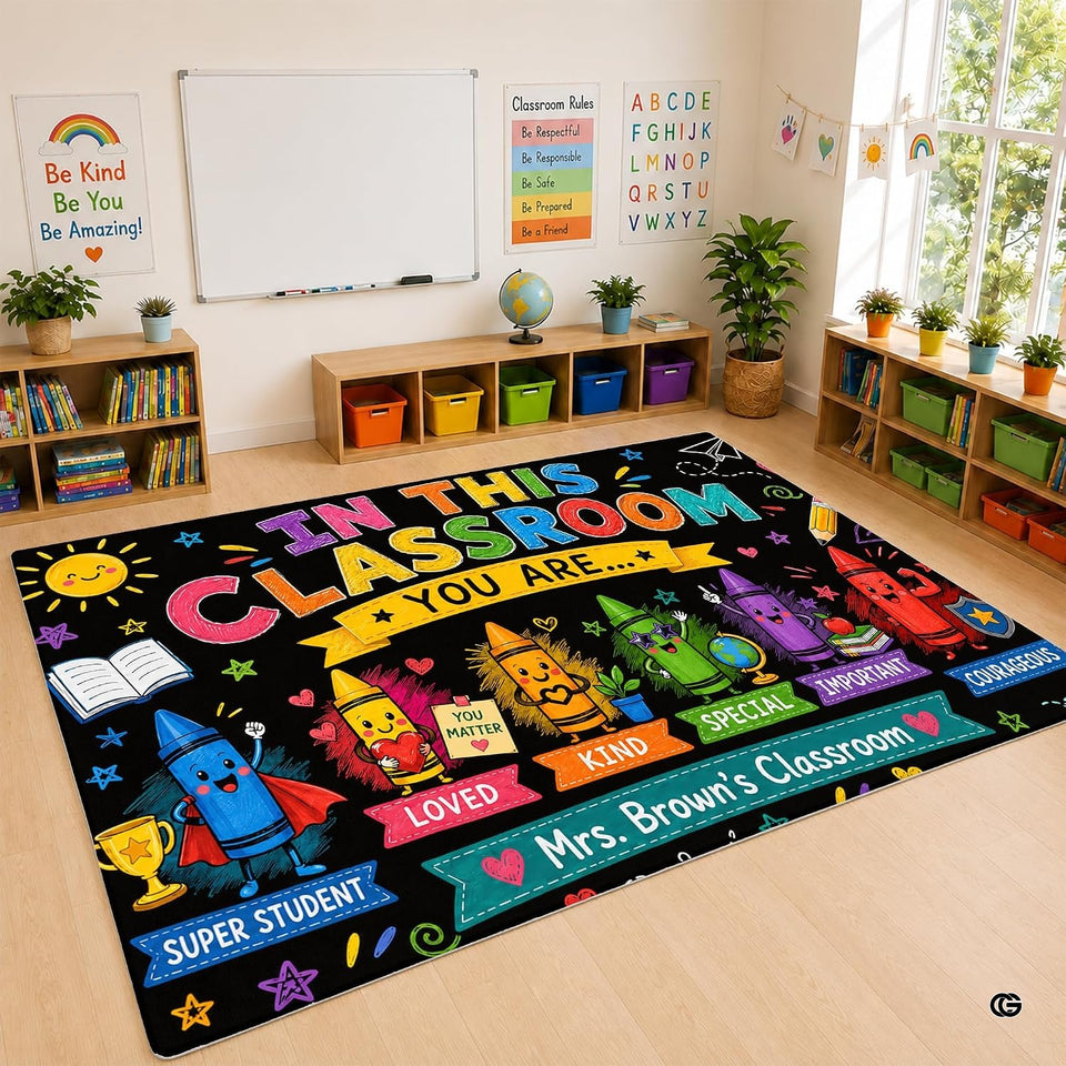 Personalized Teacher Classroom Rug, Custom Back to School Welcome Mat with Name, Kindergarten Preschool Elementary Decor, Composition Notebook Carpet (A13)