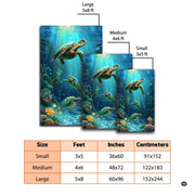 Detailed view of sea turtles and yellow ocean coral reef fish on an artistic rug. - thumbnail image 2 of 7