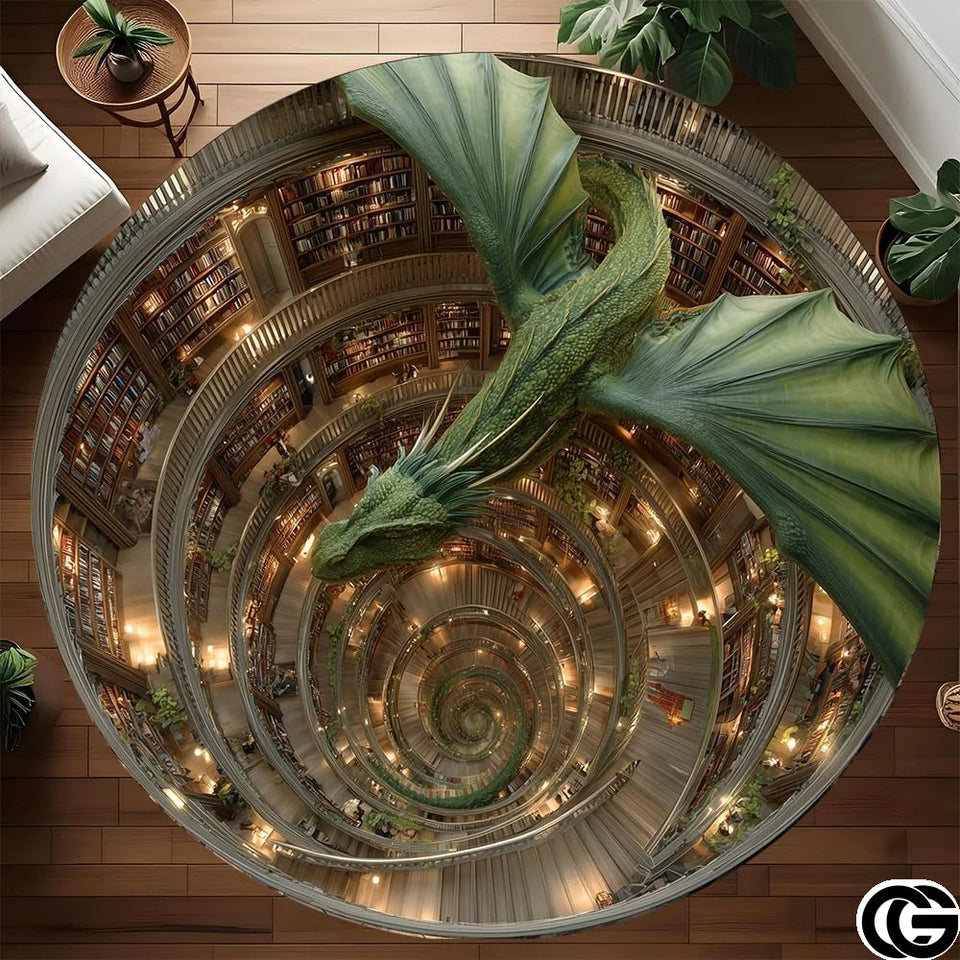 Personalized Dragon Round Rug with 3D Illusion and Low Pile