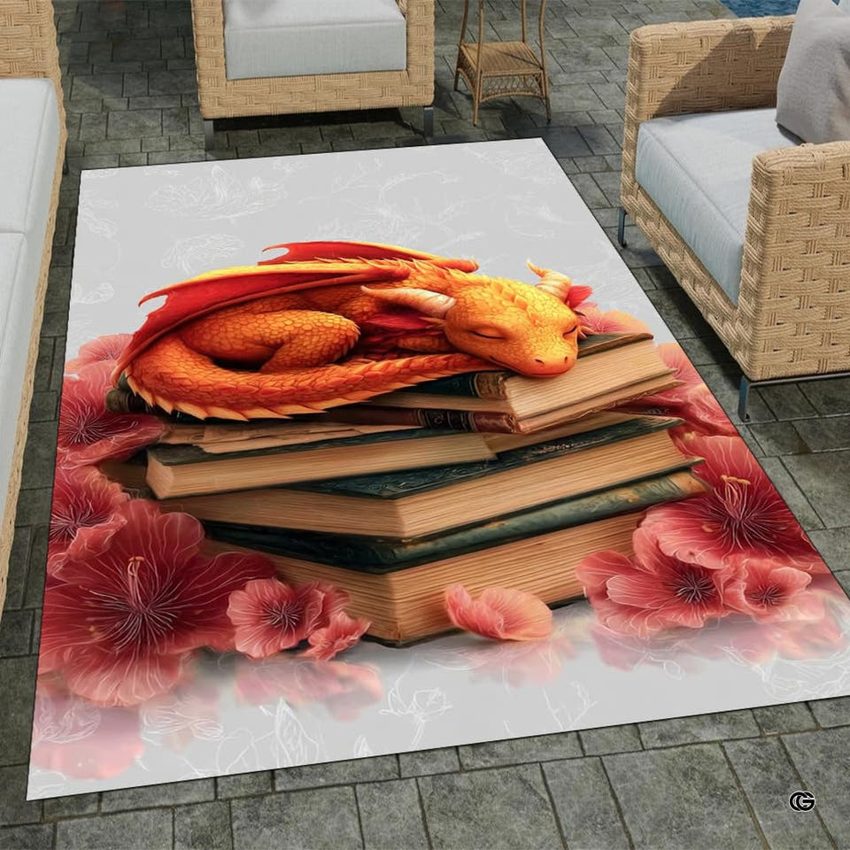 Sleeping baby dragon area rug on patio ground showcasing curled orange dragon atop antique books amid pink blossoms