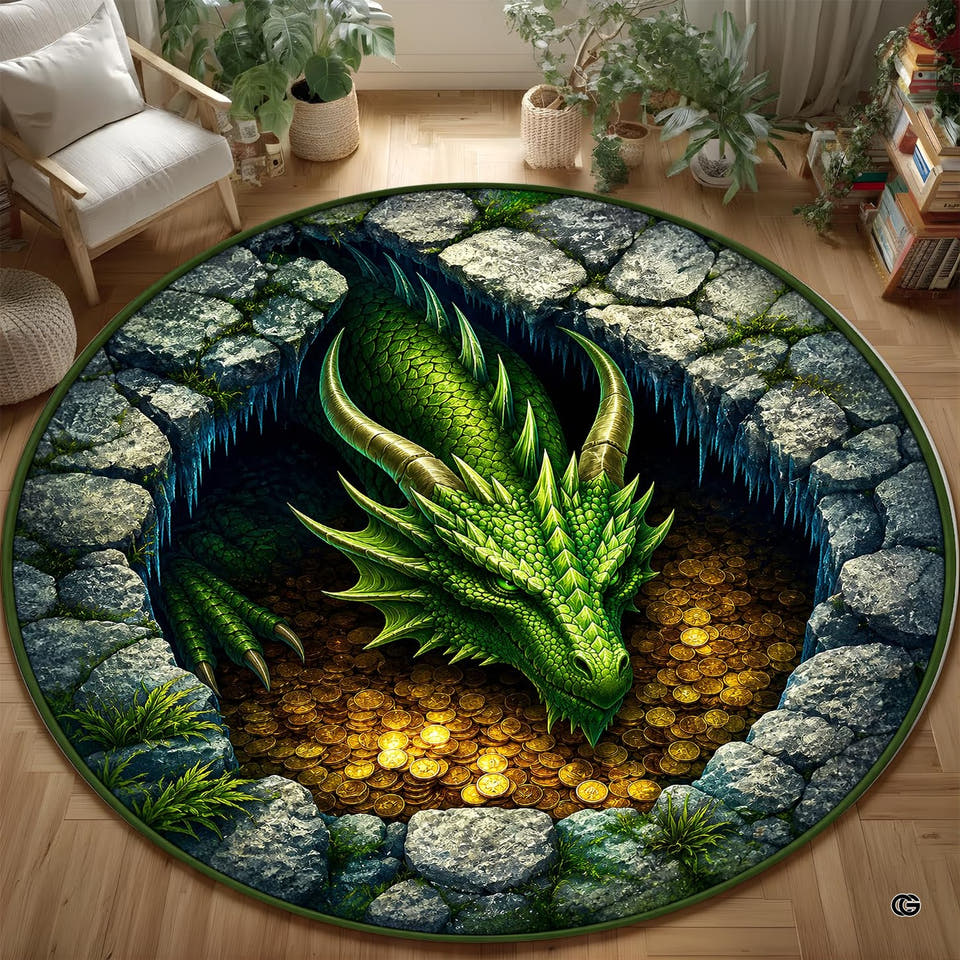 Round green dragon rug resting on a pile of gold coins