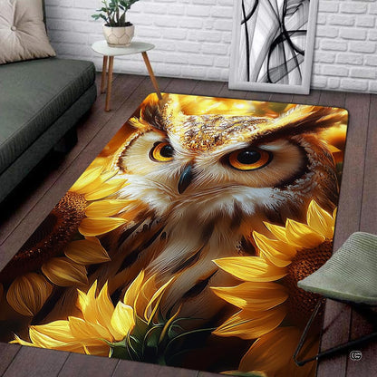 Full view of the horned owl art piece rug displayed in an elegant sitting room. - thumbnail image 3 of 8