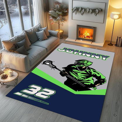 High-contrast geometric player pattern on dynamic area rugs creating an energetic interior focal point. - thumbnail image 8 of 8