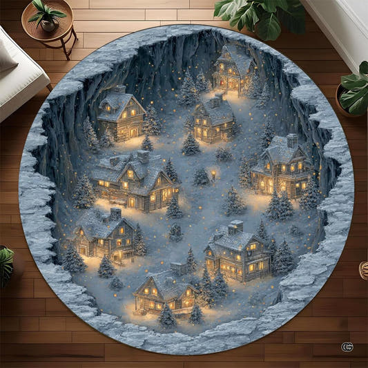 Snowy winter cabin valley 3d optical illusion area rug - view 1