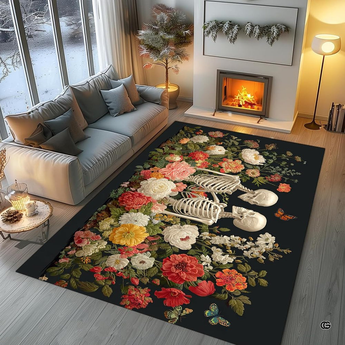 Living room fireplace setting displaying the botanical skull couple area rug
