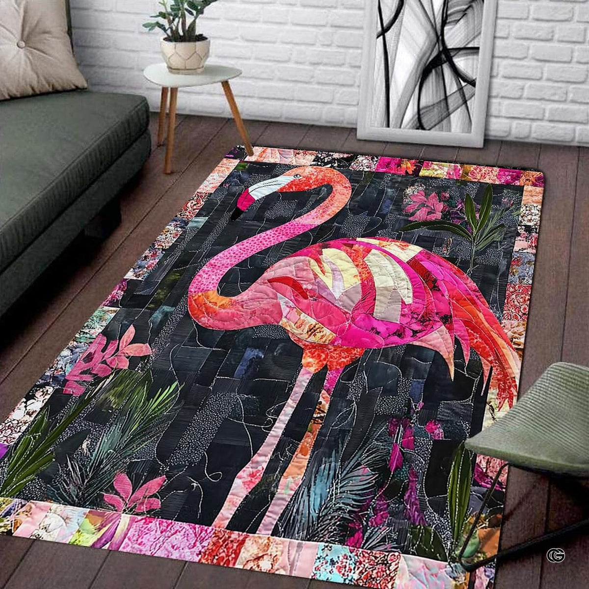 Patchwork quilt pink flamingo living room area rug with floral botanical accents