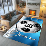 Game room layout displaying the sky blue soccer goal net rug on hardwood flooring - thumbnail image 5 of 7