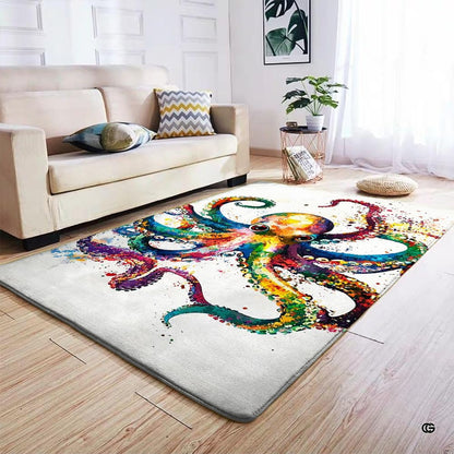 Top-down overhead view of rectangular rainbow watercolor octopus living room area rug - thumbnail image 7 of 7