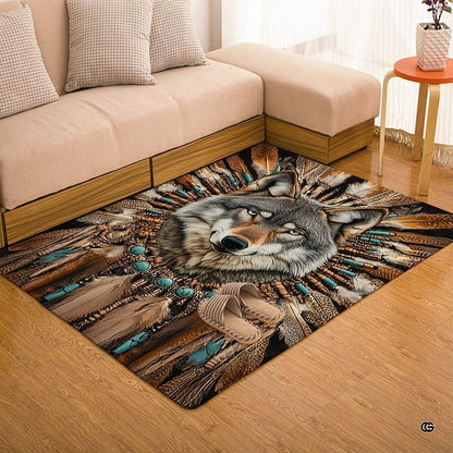 Full room display of wolf and feathered headdress indigenous area rugs pairing with cabin-inspired decor. - thumbnail image 7 of 7