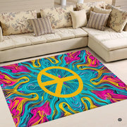 Angled perspective of vibrant peace symbol rug displayed in an eclectic modern living room layout. - thumbnail image 2 of 5
