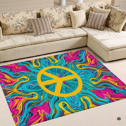 Angled perspective of vibrant peace symbol rug displayed in an eclectic modern living room layout. - thumbnail image 2 of 5