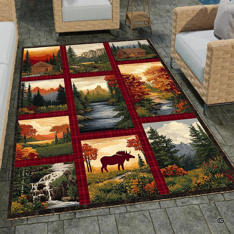 Moose cabin rug with scenic wildlife panels and red plaid borders displayed in a rustic living room.