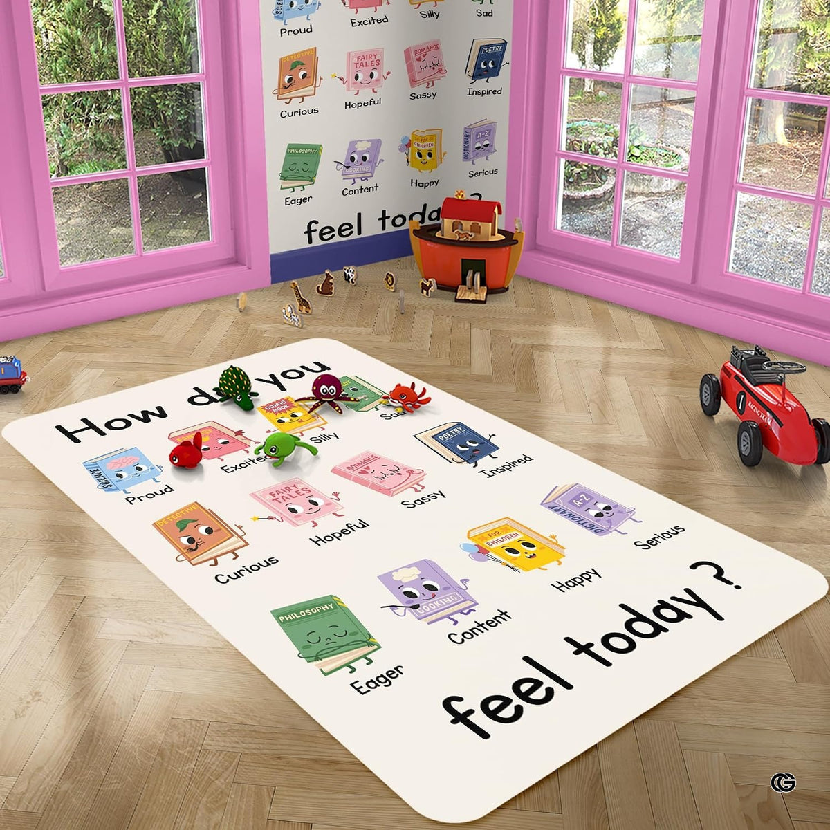 Playroom setting with toys displaying the feelings book area rug - image 2 of 7