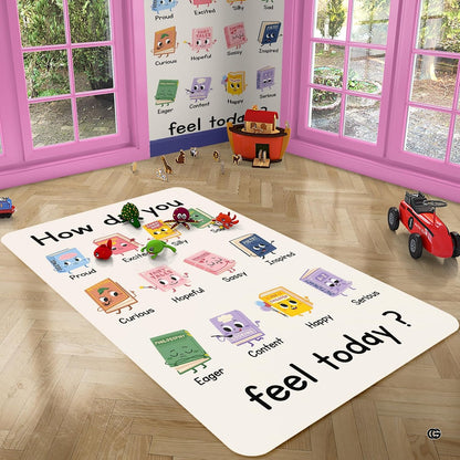 Playroom setting with toys displaying the feelings book area rug - thumbnail image 2 of 7