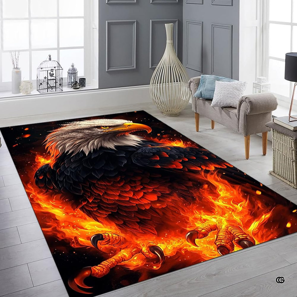 Non-skid dotted backing and resilient pile construction of the fiery eagle area rug.