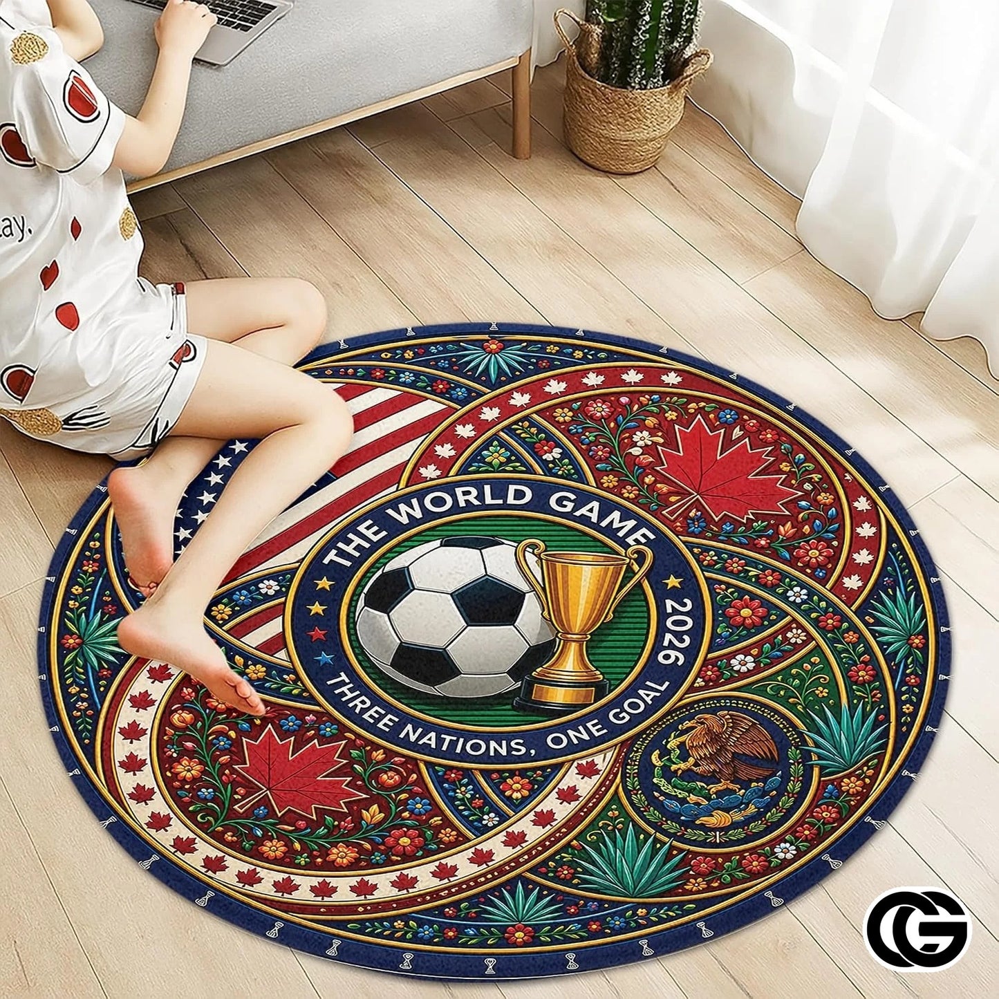 Custom Soccer 2026 Round Rug with Trophy and Flag Design