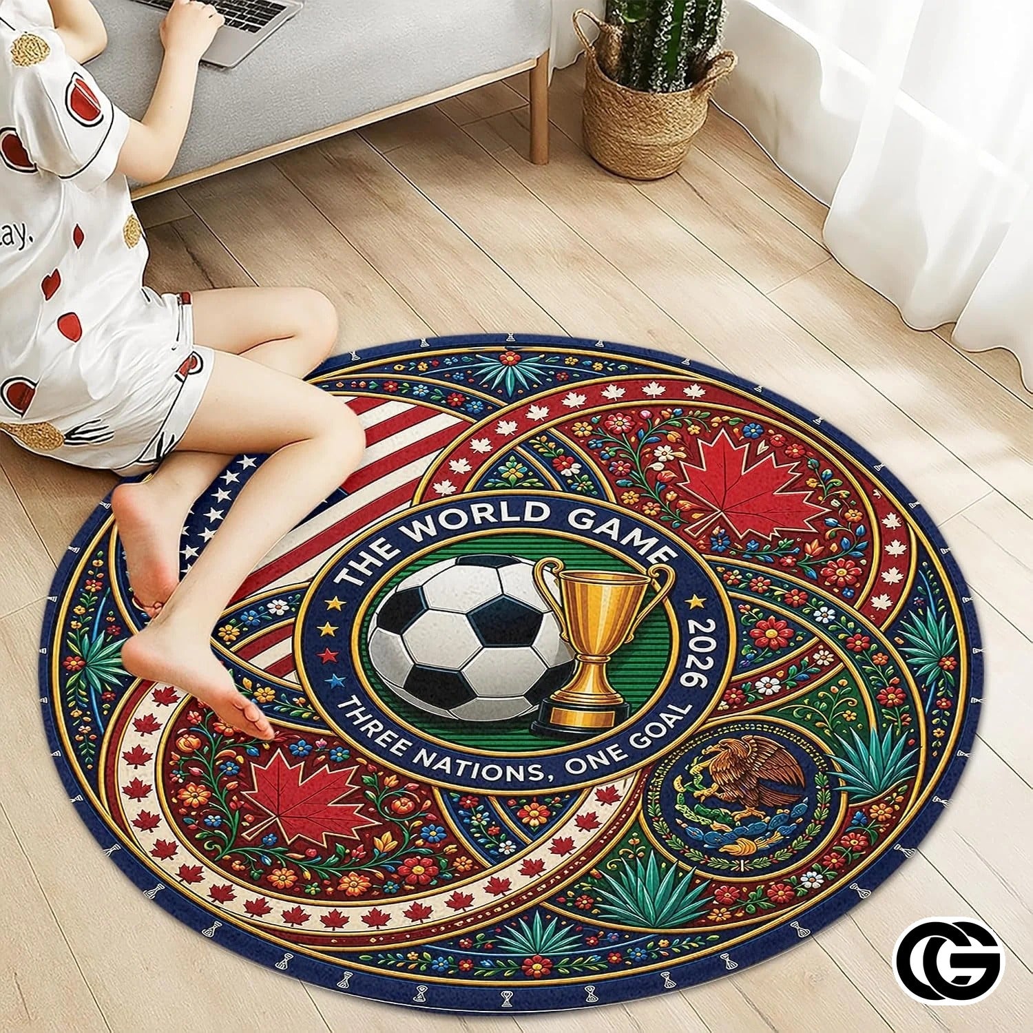 Custom Soccer 2026 Round Rug with Trophy and Flag Design