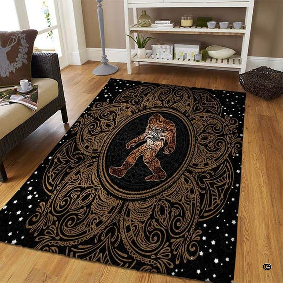 Bigfoot mandala boho area rug featuring ornate Sasquatch artwork in gold tones.