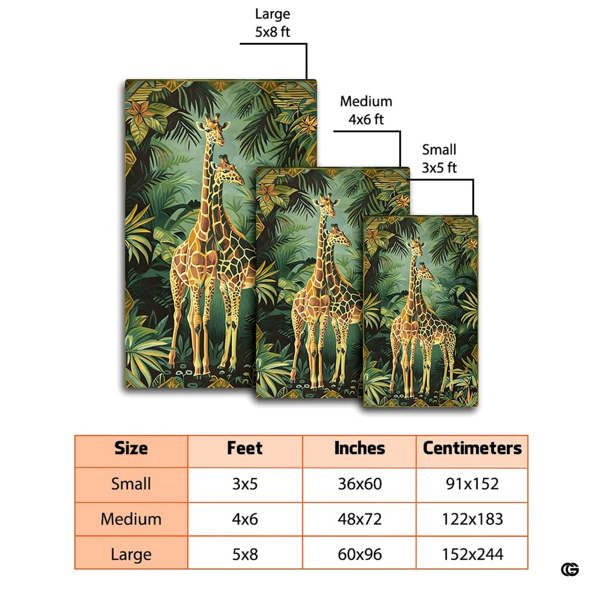 Full overhead floor layout view of the tropical safari giraffes area rug