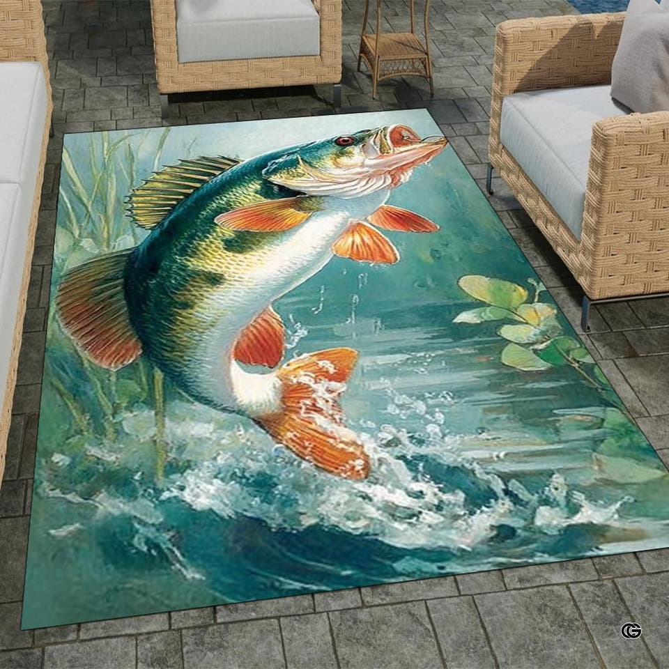 Vibrant leaping yellow perch lake splash area rug on outdoor patio pavers