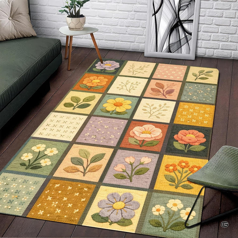 Folk art floral patchwork sampler botanical tile area rug in primary perspective