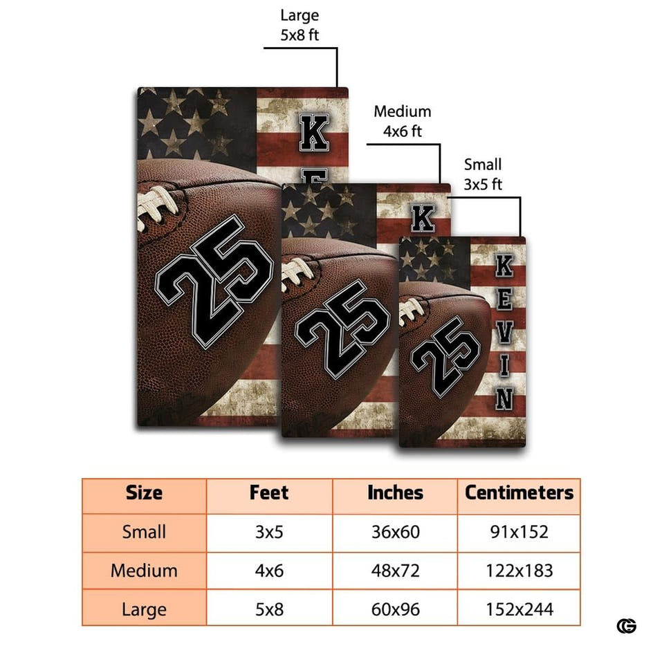 Overhead view of pigskin athletic design and weathered stripes on an area rug.
