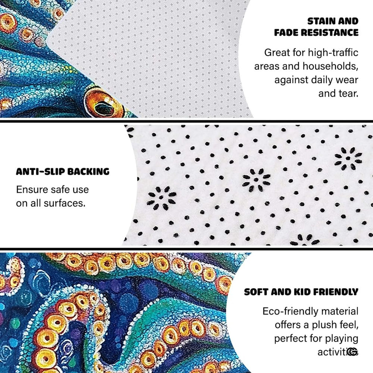 Cyan, purple, and gold aquatic bubble motifs detailing the border of an artistic sea creature carpet.
