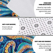 Cyan, purple, and gold aquatic bubble motifs detailing the border of an artistic sea creature carpet. - thumbnail image 6 of 7