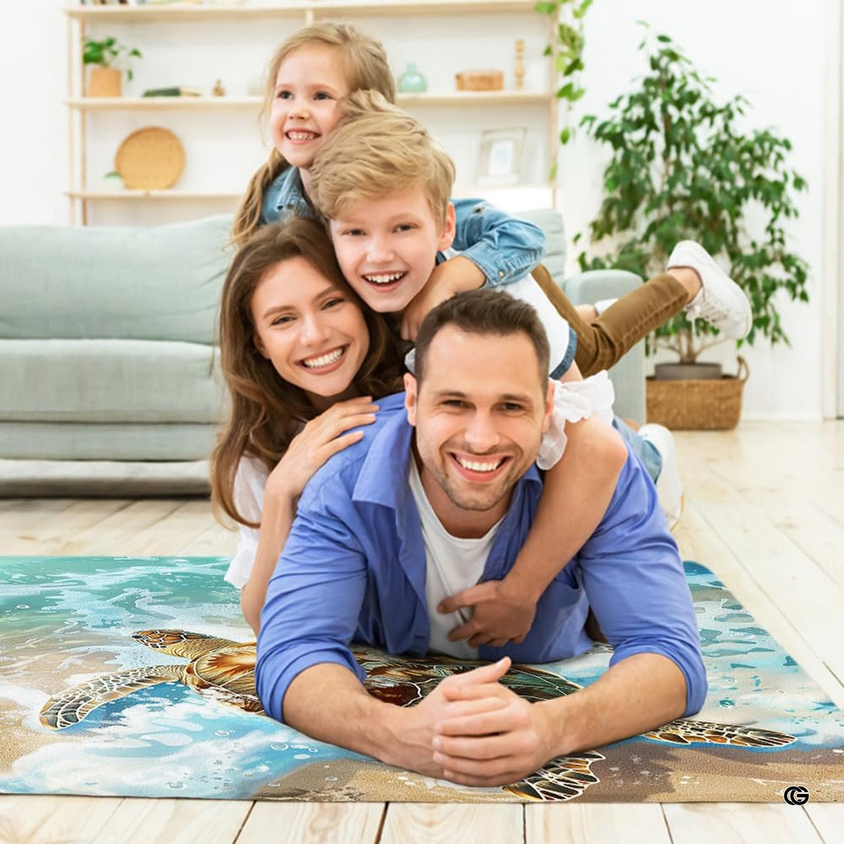 Lifestyle scene featuring family lounging on beach surf sea turtle area rug.