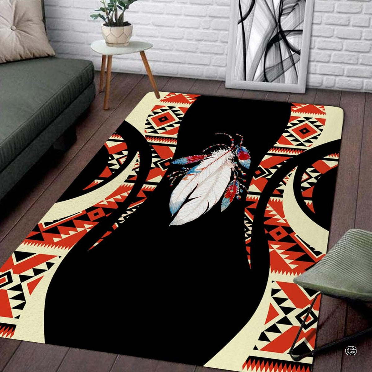 Southwestern geometric area rug displaying central beaded feather artwork and rust red diamond borders. - image 1 of 7