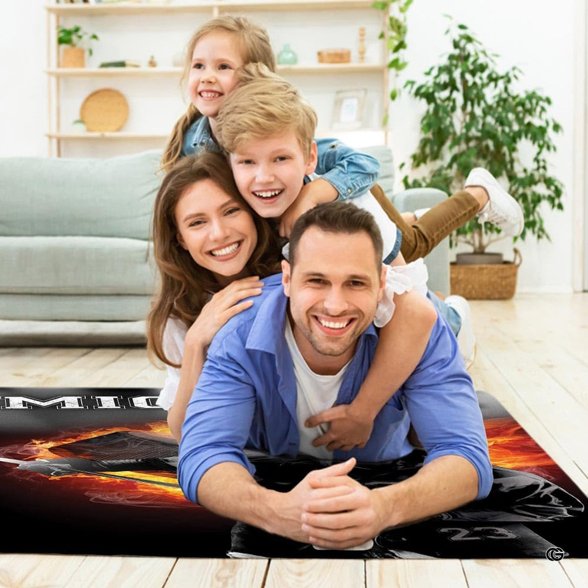 Custom ice hockey player area rug styled in modern patio seating setup