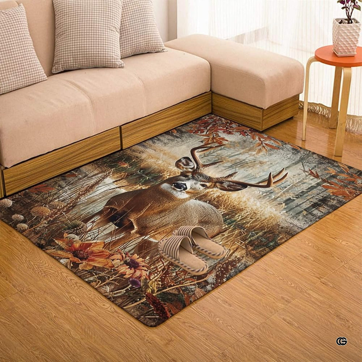 Top-down overhead view of rectangular autumn meadow whitetail deer buck area rug