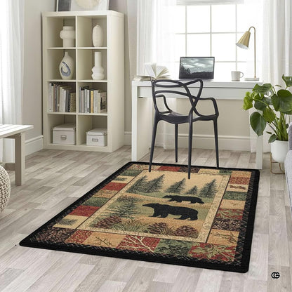 Overhead layout view of the rectangular lodge black bears pine forest wildlife area rug - thumbnail image 5 of 5