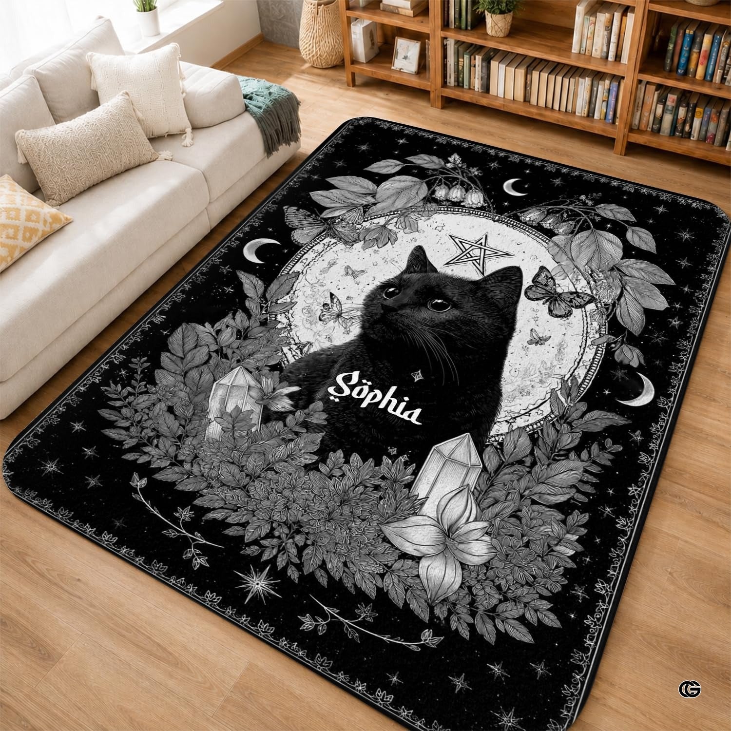 Personalized Witch Area Rug with Name - Custom Halloween Rug, Black Cat & Raven Floor Carpet, Spooky Gothic Home Decor, Non Slip Rugs (Style 3)