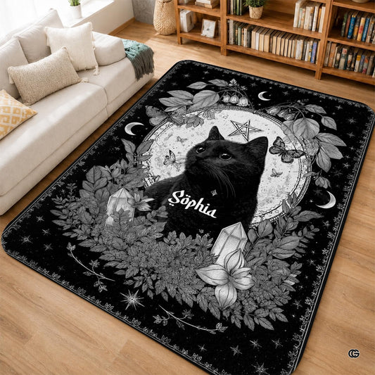 Personalized Witch Area Rug with Name - Custom Halloween Rug, Black Cat & Raven Floor Carpet, Spooky Gothic Home Decor, Non Slip Rugs (Style 3)