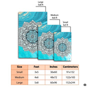 Angled perspective of circle area rug living room styling with turquoise and teal ocean marbling - thumbnail image 2 of 8