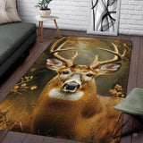 Rustic woodland animals buck deer area rug centered in an autumn-themed living space