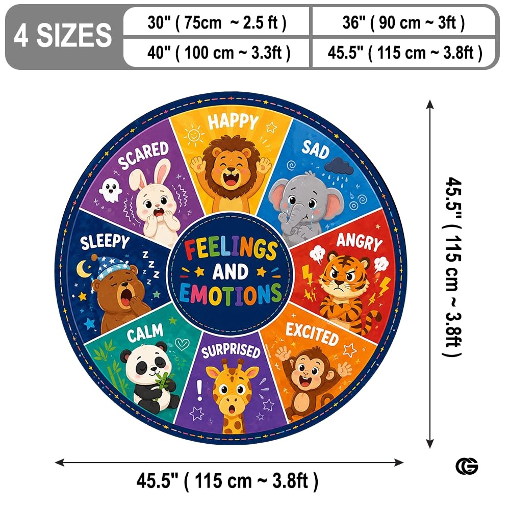 Wheel of Feelings and Emotions Round Rug, Educational Mental Health Rug for Classroom, Educational Animal Shape School Mat, Back to School Gift (Feeling 3)