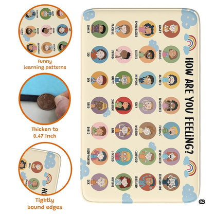 Detail view of colorful round badges illustrating diverse expressions on an educational area rug. - thumbnail image 5 of 7