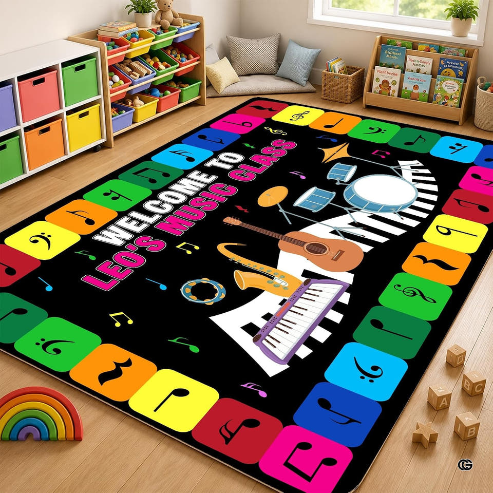 Colorful instruments keyboard drums playroom area rug - view 1